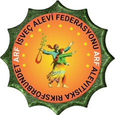 Emblem med två dansande figurer med en luta, omgiven av stjärnor. Texten lyder "ARF Alevi Federation" på svenska och turkiska runt kanten.